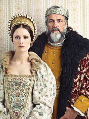 Image showing Medieval portrait of king and queen, isolated on studio background for history, renaissance design or vintage fashion. Headshot, face of royal couple with power, wealth and leader in English culture