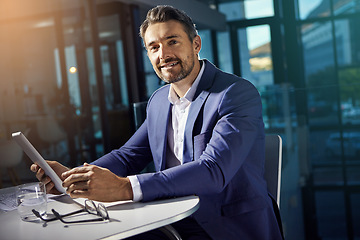 Image showing Portrait, tablet and research with a business man on a mission in his office at work for success. Corporate, internet and search with a male employee, manager or boss working on his company vision