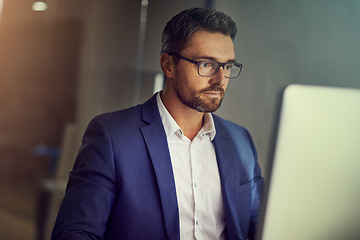 Image showing Office laptop, reading and business man doing feedback review of financial portfolio, stock market or investment. Online economy research, bitcoin mining and trader trading nft, forex or crypto