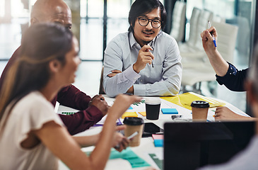 Image showing Meeting, discussion and business people in the office boardroom planning a company project. Teamwork, collaboration and corporate team working on a company report together in the modern workplace.