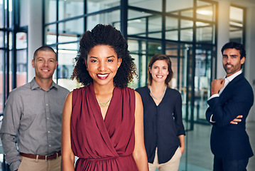 Image showing Business people, smile portrait and success together for teamwork support, company vision and standing ready in office. Diversity, corporate team and management happiness or leadership motivation