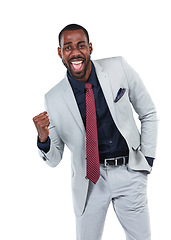 Image showing Portrait, excited or businessman with success fist on isolated white background for promotion growth or victory. Smile, happy or corporate worker with winner hands gesture, wow face or yes on mock up