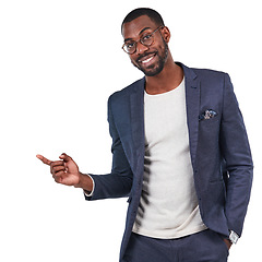 Image showing Black businessman, portrait or pointing finger on isolated white background, marketing space or advertising mockup. Smile, happy or creative designer and hand gesture for branding sales deal or promo