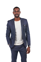 Image showing Black businessman, portrait or fashion suit on isolated white background in smart casual, cool or trendy clothes. Creative designer, worker or formal employee with vision glasses, goals or innovation