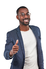 Image showing Businessman, portrait or thumbs up in success, vote mockup or mission goals on isolated white background. Smile, happy or creative designer in like, thank you or winner hands gesture or support trust