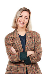 Image showing Portrait, fashion and woman with arms crossed in studio isolated on a white background. Makeup cosmetics, beauty and happy young female model from Canada in stylish, trendy and designer clothing.