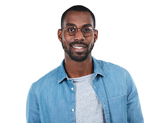 Image showing Young black man, face and success smile ready isolated in white background studio for casual happiness. African man, happy lifestyle and positive mindset energy, confidence and proud model portrait