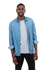 Image showing Young black man, smile portrait and standing ready isolated in white background for casual happiness. African man, happy lifestyle and positive mindset or happiness energy, confidence and success