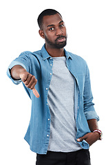 Image showing Thumbs down, fail and portrait of black man in studio isolated on white background. Dislike hand gesture, emoji and sad male model with sign for disagreement, rejection or negative review, bad or no