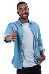 Image showing Thumbs up, success and portrait of black man in studio isolated on a white background. Ok hand gesture, like emoji and male model with sign for motivation, support or approval, thank you or agreement