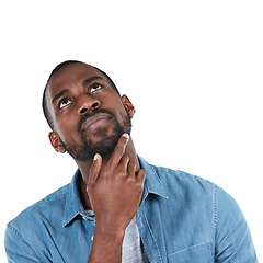 Image showing Black man, thinking and studio for idea, vision or inspiration with denim fashion by white background. Young african man, ideas or isolated for focus, brainstorming or think on future, life or career