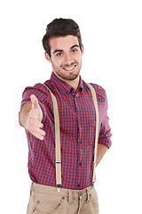 Image showing Handshake, welcome and introduction portrait of businessman with friendly and happy smile. Young, gen z and happiness of worker with career satisfaction on isolated studio white background.