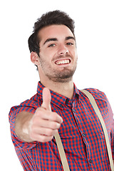 Image showing Winner, businessman and goal with thumbs up portrait for happiness, achievement and victory with smile. Young, gen z and happy worker with career success on isolated studio white background.