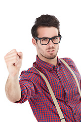 Image showing Angry nerd and man with fist portrait for conflict, bullying or warning gesture for frustration. Fight, frustrated and anger of geek model with negative face on isolated white background.