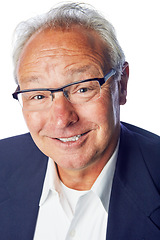 Image showing Senior businessman, studio portrait and smile for success, experience or knowledge by white background. Elderly corporate leader, ceo and isolated for motivation, goals or happy headshot with glasses