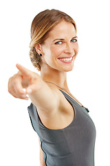 Image showing Woman pointing, you and studio portrait to show winner, opportunity or choice for success, vote and direction. Hiring professional worker, employee or manager with hand sign for recruitment and smile