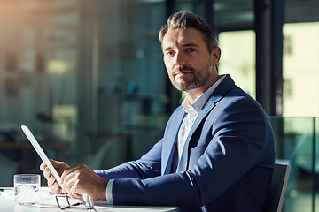 Image showing Portrait, CEO or businessman with a tablet working overtime in an office at night and looking confident. Executive financial manager, entrepreneur or digital marketing professional with a vision