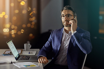 Image showing Phone call communication, office and night businessman talking, networking or chat about financial portfolio documents. Conversation, investment discussion or bokeh employee, worker or agent speaking
