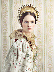 Image showing Renaissance, royalty and portrait of Victorian queen for luxury, history and vintage in England. Medieval, fantasy and beauty with face of woman in regal dress costume for leader, fashion and elegant