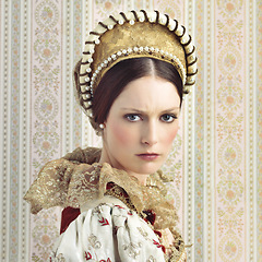 Image showing Renaissance, royalty and portrait of Victorian queen for luxury, history and vintage in England. Medieval, fantasy and beauty with face of woman in regal dress costume for leader, fashion and elegant