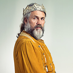 Image showing King, crown with senior man and portrait, history with renaissance and royalty isolated on white background. Vintage, medieval and worship, face and male monarch mockup with gold and cosplay