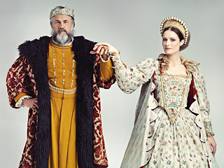 Image showing Love, victorian and couple with king and queen for renaissance, royalty and vintage in England. Vintage, luxury and fantasy with portrait of man and woman for elegant, medieval and monarch in studio