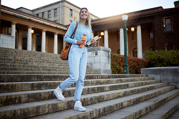 Image showing Woman, student on campus stairs and university, education with learning and academic goals with scholarship outdoor. Books for reading, study and happy person with success, college life and studying