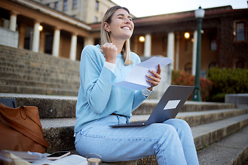 Image showing University success, student scholarship paper and happy woman excited about exam results. Learning, outdoor education building stairs and happy person with winner and school success result letter