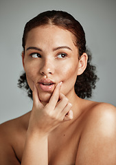 Image showing Skincare, black woman and face of a beauty model with healthy skin and facial wellness. Gray background, studio and isolated person after cosmetic dermatology detox feeling relax and calm from spa