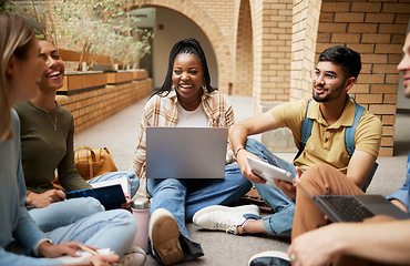 Image showing Diversity, laptop and students on ground, conversation and connection for study session, brainstorming and group project. Academics, young people or friends sitting, talking and collaboration outdoor