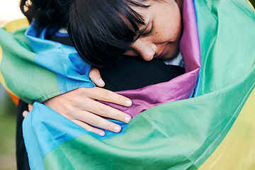 Image showing Lesbian, hug and flag with women for love, lgbtq and romance, connection and acceptance. Gay, pride and rainbow flag with woman embrace lover, sweet and in love while enjoying their relationship