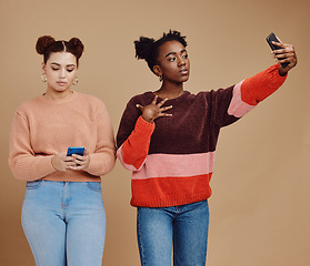 Image showing Selfie, trendy friends or women isolated on studio background for social media, profile picture and phone. Smartphone, gen z and beautiful black woman, people or influencer person on networking app