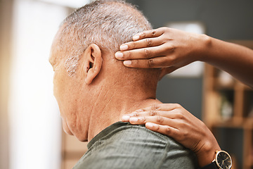 Image showing Physiotherapy, neck pain and senior man with physiotherapist for massage, injury and arthritis. Physical therapy, elderly male and patient consulting chiropractor for joint, muscle and spine relief