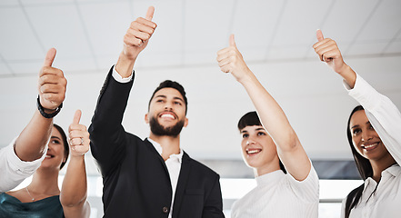 Image showing Thumbs up, winning and group people success, support or thank you hands sign. Yes, like or winner of business team, employees or worker with vote, agreement and well done emoji in collaboration below