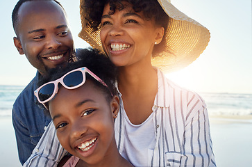 Image showing Black family, happy and beach sunshine portrait together for travel holiday, summer vacation or bonding outdoor. Parents smile, child happiness and relax quality time on ocean sea water for adventure