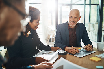 Image showing Meeting, finance and planning of senior man with leadership, teamwork and group discussion for collaboration. Real business, financial and accounting person, boss or people with success and paperwork