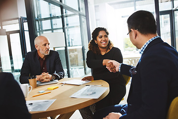 Image showing Happy partnership, business people meeting and handshake for investment deal, agreement or negotiation success. Collaboration hand shake, welcome and people shaking hands for b2b corporate contract