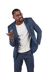 Image showing Doubt, confused and mockup with a business black man in studio isolated on a white background asking a question. Thinking, idea and mock up with a young male employee standing on blank space