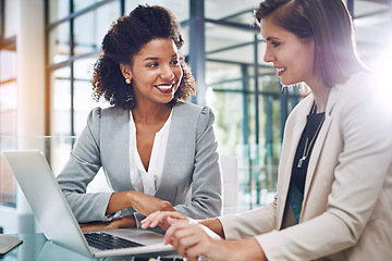 Image showing Happy, data analysis or business women on laptop for success business meeting, invest strategy or planning company finance. Collaboration, smile or teamwork on tax data analysis or financial network