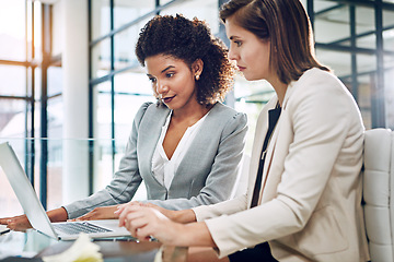 Image showing Thinking, data analysis or business women with laptop for business meeting, invest strategy or planning company finance. Collaboration, diversity or teamwork on tax data analysis or financial network