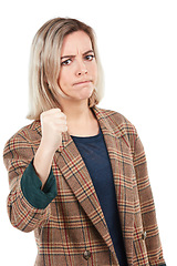 Image showing Angry, woman with fist for punch and portrait, fight pose and self defense with conflict isolated on white background. Violence, attack and boxing with power, strong female and fighting with bullying