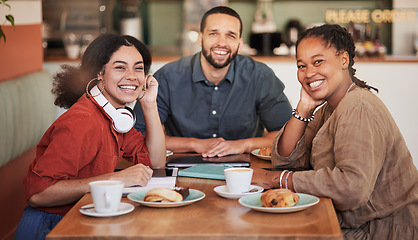 Image showing Business meeting, cafe and portrait of web design consultation group with a smile. Working, planning and diversity of creative team consulting on a social media strategy for startup company growth