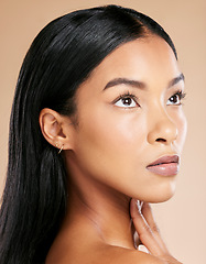 Image showing Makeup, cosmetics and face of a woman thinking of beauty isolated on a studio background. Skincare, dermatology and Asian model with facial cosmetology for a spa glow, wellness and on a backdrop