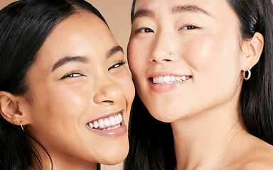 Image showing Skincare, cosmetics and portrait of women with makeup isolated on a studio background. Smile, dermatology and face of model friends with happiness for foundation shade diversity on a backdrop