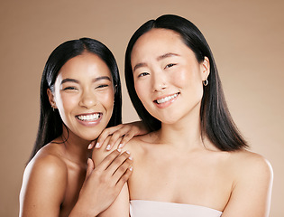 Image showing Portrait, beauty and diversity with model woman friends in studio on a beige background for skincare. Face, skin and wellness with a young female and friend posing to promote a cosmetic product