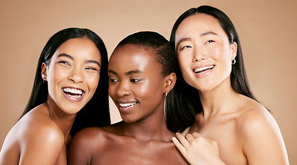 Image showing Skincare, beauty and diversity, women smile with salon hair on studio background. Health, wellness and luxury cosmetics, healthy skin care and happy, beautiful and friendly people with natural makeup