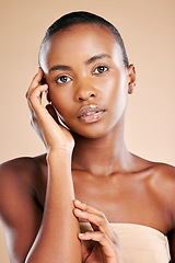 Image showing Black woman, portrait and makeup in skincare cosmetics for soft beauty isolated against studio background. African American female model, person or lady touching face for glow, smooth or perfect skin