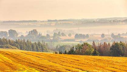 Image showing Autumn foggy and misty sunrise landscape