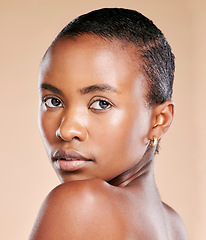 Image showing Skincare, beauty and portrait of a black woman for cosmetics isolated on a studio background. Salon, glow and face of an African makeup model with a headshot for body cosmetology on a backdrop