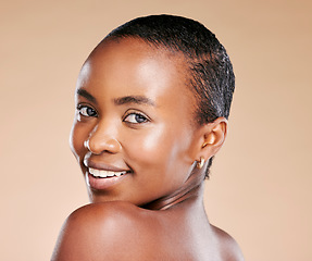 Image showing Black woman, model and skincare portrait with smile, healthy cosmetic glow on skin by beige background. Happy African model, girl and beauty with makeup, natural aesthetic and cosmetics for self love